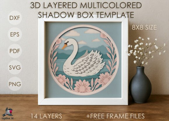 3D White Swan Shadow Box SVG Template