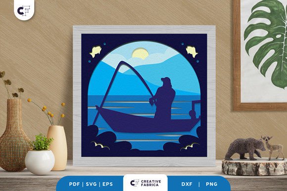 Man Fishing in the Lake 3D Shadow Box: A 3D SVG for Sports Niche Sellers