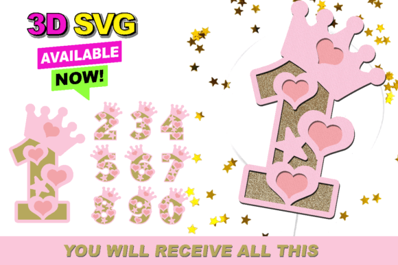 Princess Numbers 3D SVG for Laser Cutting and Cake Toppers